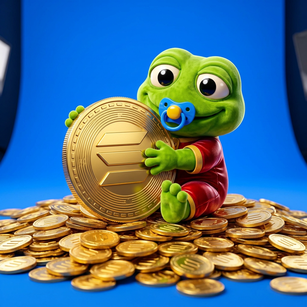 Baby Toad Pepe in sunglasses holding gold coins